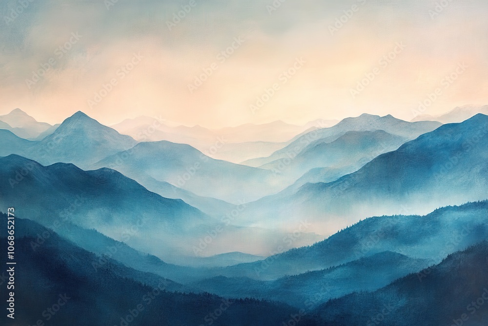 Fototapeta premium Misty blue mountains layered in haze at dawn
