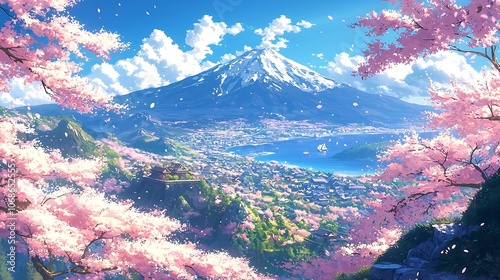 Breathtaking View of Mount Fuji with Cherry Blossoms and a Sailboat in the Lake.