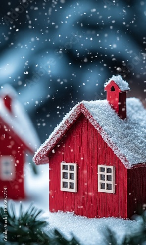 close up of red wooden houses in a snowy winter village. ai generated