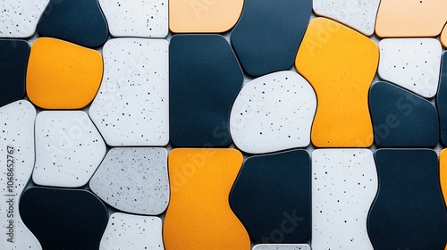 Abstract geometric pattern featuring interlocking shapes in black, white, and orange with a smooth, speckled texture, creating a modern decorative design. photo