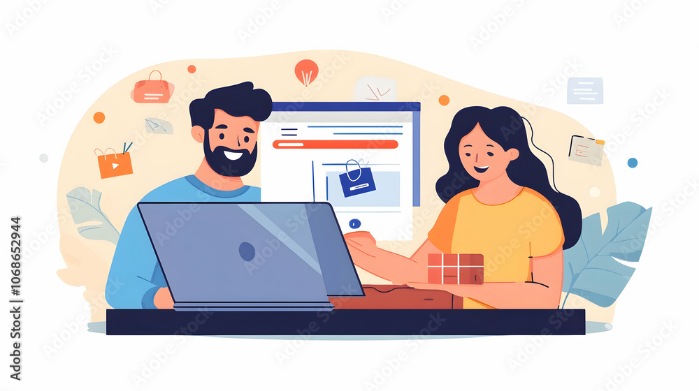 A couple smiling while using a laptop, engaging in online shopping or planning travel from home A couple smiling while using a laptop, engaging in online shopping or planning travel from home