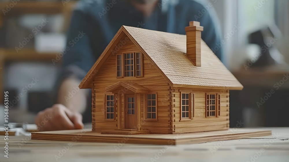 Wooden house model with design sketches and drafting equipment on desk, architect studio background Wooden house model with design sketches and drafting equipment on desk, architect studio background