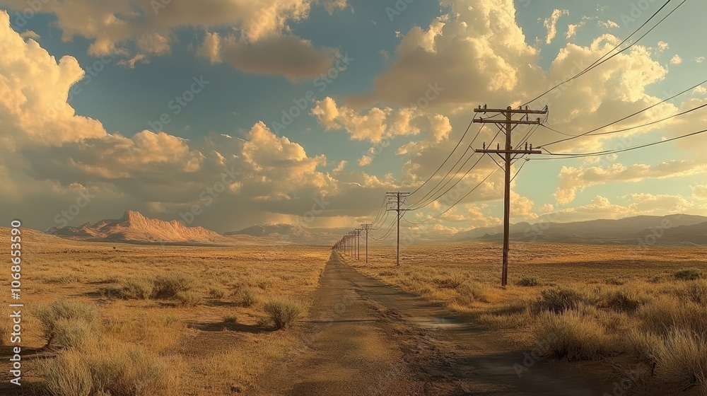 Obraz premium Desert Road with Power Lines and Dramatic Clouds