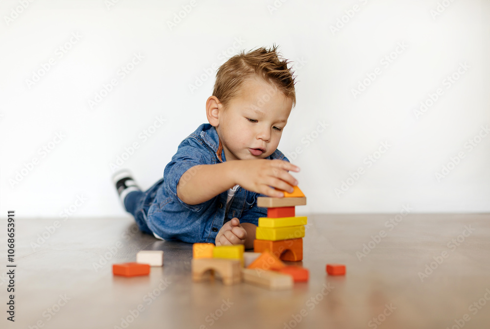 A young cute caucasian boy focuses intently as he balances brightly colored wooden blocks to create a tower in a minimalistic indoor setting. The sunlight illuminates the playful scene. A young cute caucasian boy focuses intently as he balances brightly colored wooden blocks to create a tower in a minimalistic indoor setting. The sunlight illuminates the playful scene.