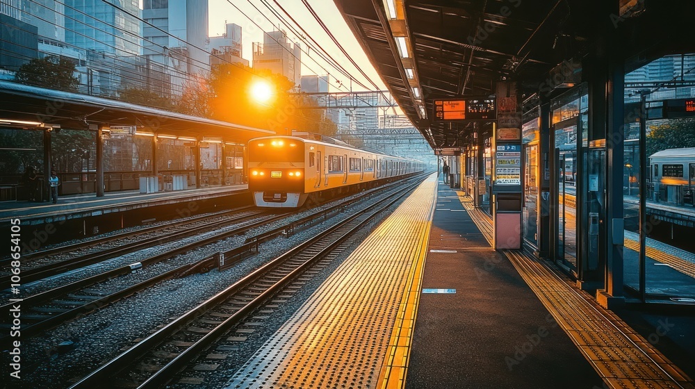 Train Departing Platform During Golden Hour in Urban Setting Train Departing Platform During Golden Hour in Urban Setting