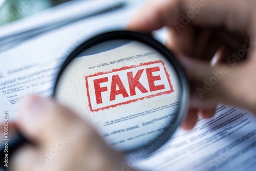 A magnifying glass reveals a FAKE stamp on a key document, highlighting the vital processes of fraud detection, detailed analysis, and verification essential for thorough investigations