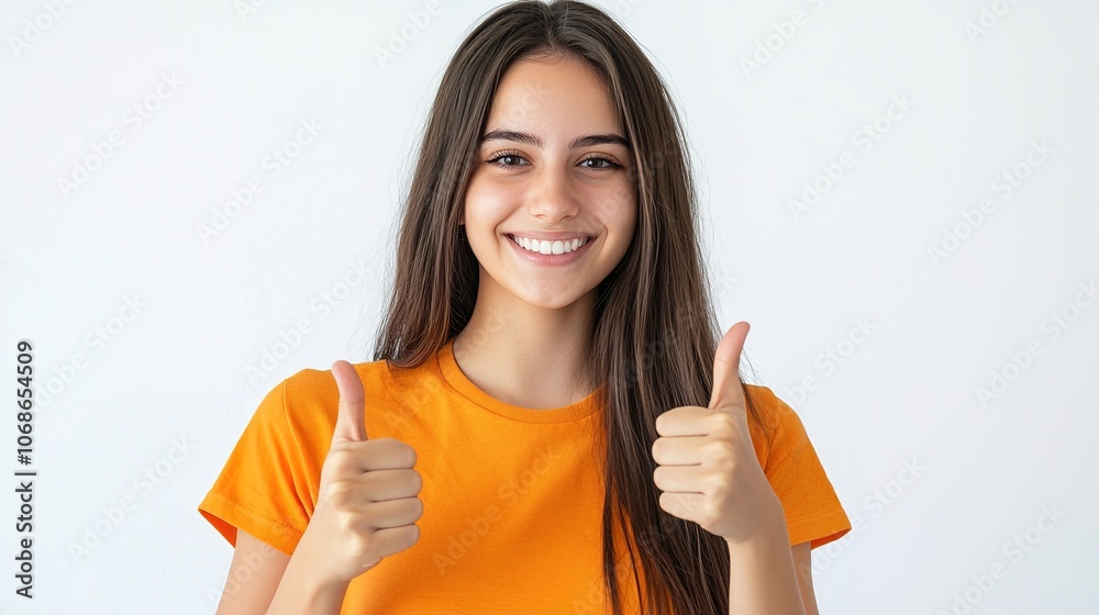 Young Woman in Orange Shirt with Thumbs Up Gesture Young Woman in Orange Shirt with Thumbs Up Gesture