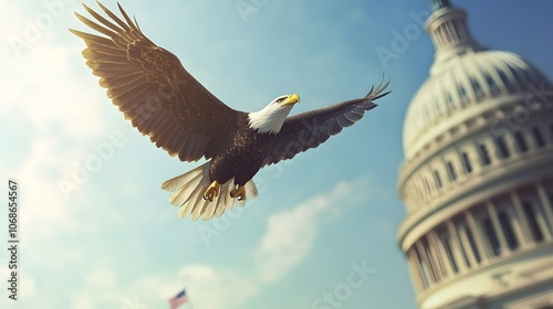 Majestic bald eagle in flight over the US Capitol building; a symbol of American freedom and power. photo