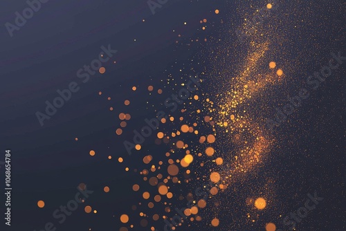 abstract background, gold sparkle are moving from left to right of frame and position of moving is bottom of frame. Copy space over sprakle. Dark deep blue, purple, orange shade tone photo