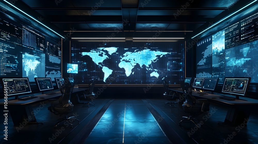 Sleek Futuristic Control Room Monitoring Global Sentiment Trends with Color Coded World Maps Sleek Futuristic Control Room Monitoring Global Sentiment Trends with Color Coded World Maps