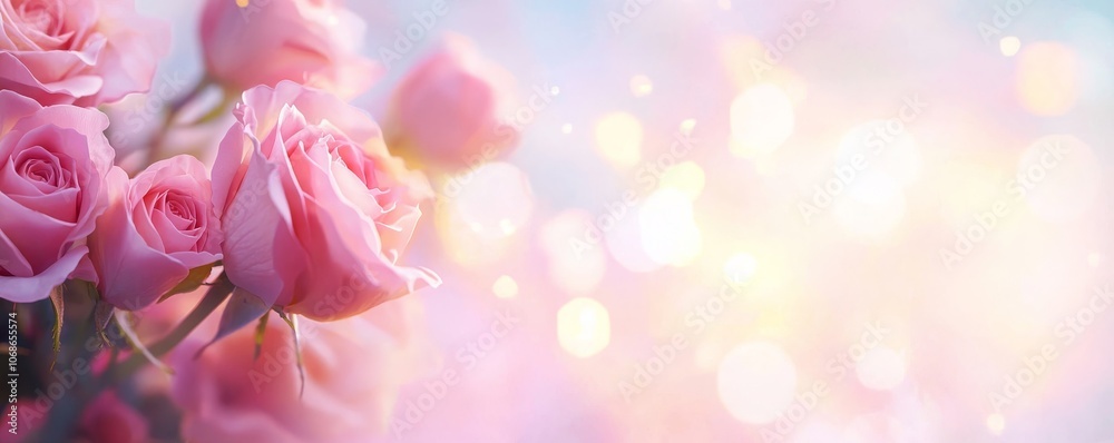 Delicate pink roses blooming in a softly glowing background of light and color Delicate pink roses blooming in a softly glowing background of light and color