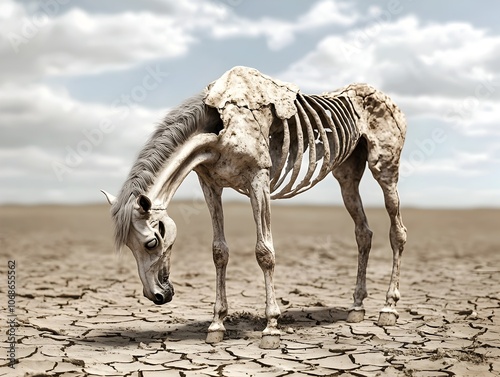 Skeletal Horse Standing in Dry Cracked Field Symbolizing Extreme Hunger and Neglect