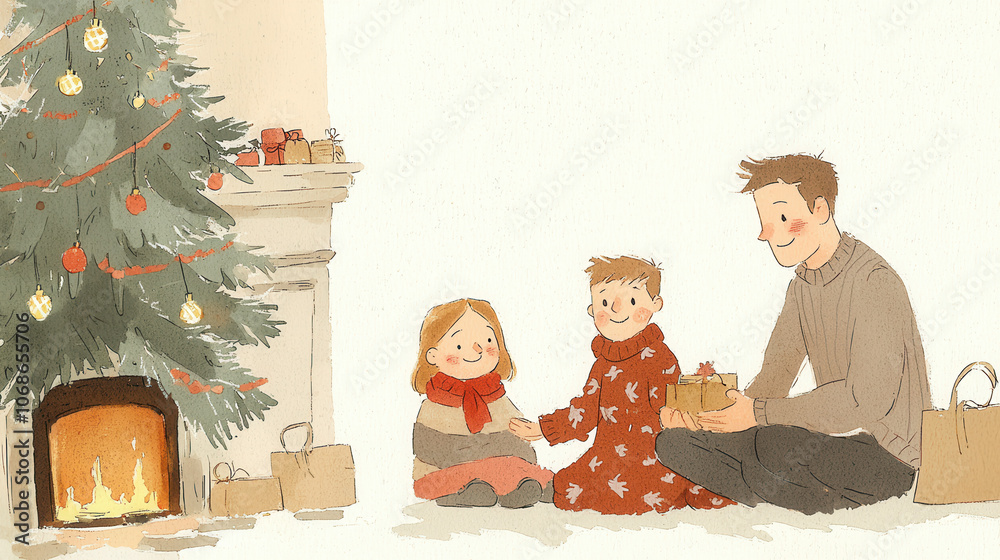 Obraz premium A cozy Christmas scene featuring a father with two children, surrounded by a decorated tree, gifts, and a warm fireplace.