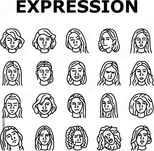 facial expression female smile icons set vector. pout smirk, glare wink, blush scowl, grin sneer, beam, grimace pout, sulk, glower facial expression female smile black contour illustrations