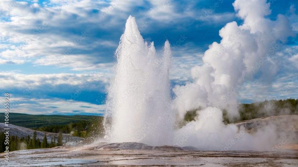 An erupting geyser. Water and steam rise into the sky, creating a striking contrast between the intense heat and the cool air. In the background is a landscape of lush greenery and rocky terrain. An erupting geyser. Water and steam rise into the sky, creating a striking contrast between the intense heat and the cool air. In the background is a landscape of lush greenery and rocky terrain.