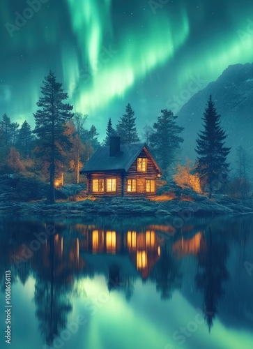 A Cozy Cabin Nestled in the Wilderness with the Northern Lights Reflecting in the Water