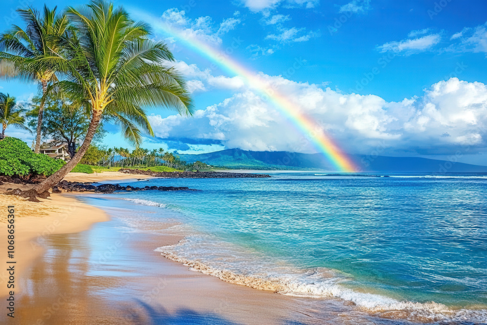Fototapeta premium Tropical Beach with a Vibrant Rainbow over Clear Blue Waters