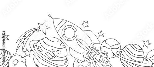 Vector seamless border with space rocket, planets and astronaut. Cute doodle style drawing