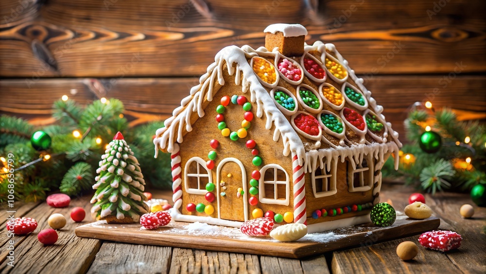 Holiday Christmas gingerbread house with icing and candy details on wooden background. Holiday Christmas gingerbread house with icing and candy details on wooden background.