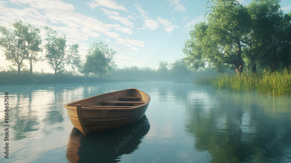 AI-generated boat on a tranquil river, capturing the essence of peaceful water travel AI-generated boat on a tranquil river, capturing the essence of peaceful water travel