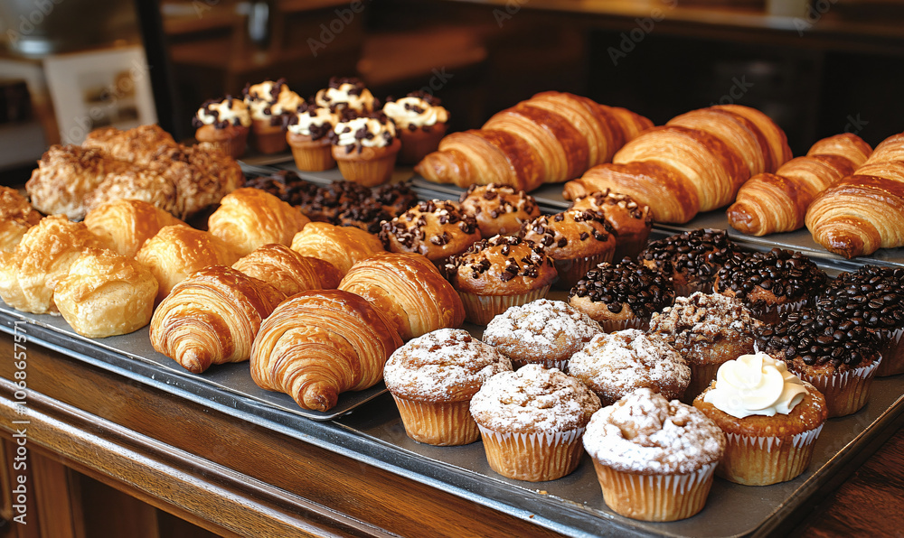 Selection of Freshly Baked Pastries in Coffee Shop Display Case Selection of Freshly Baked Pastries in Coffee Shop Display Case