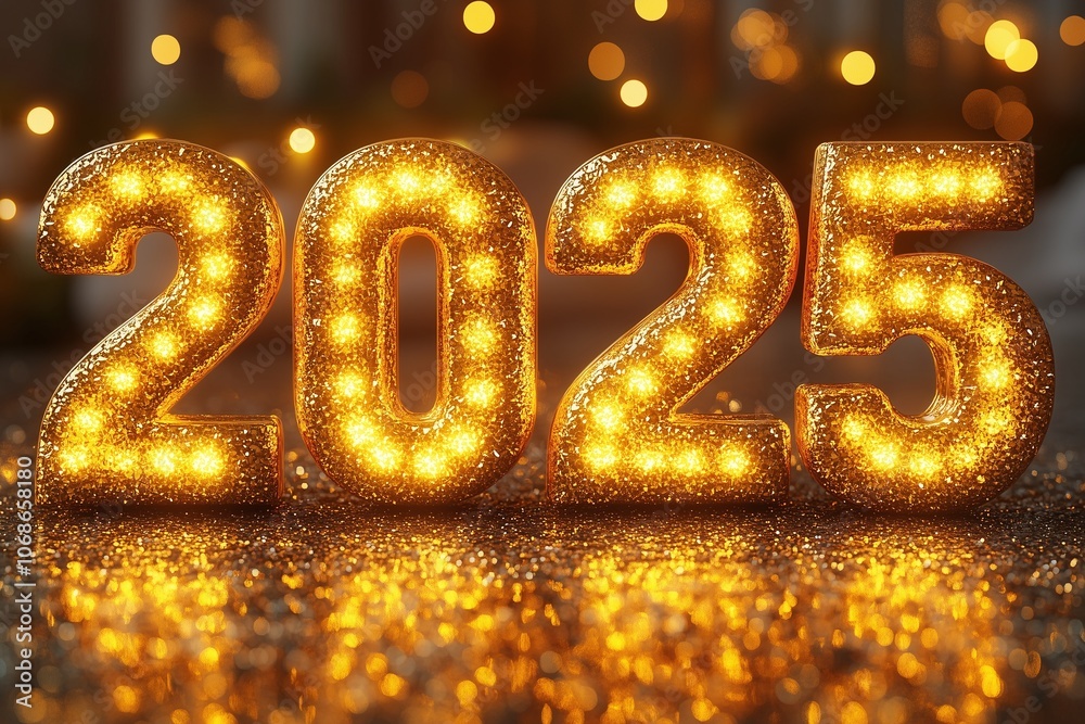 New Year Golden lighting numbers 2025. Golden festive bokeh background. Celebrations Welcome to 2025. Sign yellow Lighting New Year 2025. Christmas concept, gretting card, 3d illustration New Year Golden lighting numbers 2025. Golden festive bokeh background. Celebrations Welcome to 2025. Sign yellow Lighting New Year 2025. Christmas concept, gretting card, 3d illustration