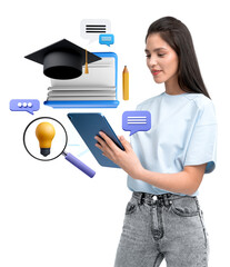 Woman using tablet with education icons including a graduation cap, books, and a lightbulb. Isolated on white background. Concept of online learning