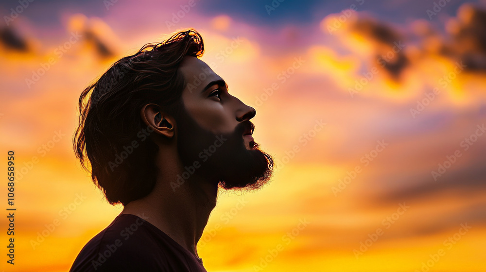 Silhouette Profile Against Colorful Sunset Silhouette Profile Against Colorful Sunset