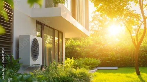 A high-contrast, photorealistic image of an air source heat pump outside the house. The focus is on its sleek design and energy efficiency, set against modern architecture with large windows and green