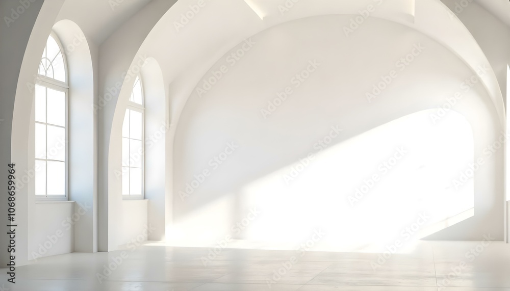 A minimalist, bright, and airy interior with white arched walls and a smooth, reflective floor A minimalist, bright, and airy interior with white arched walls and a smooth, reflective floor