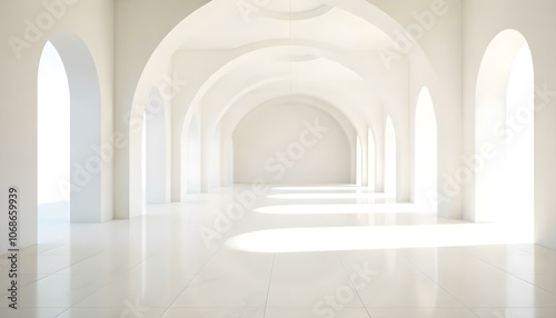 A minimalist, bright, and airy interior with white arched walls and a smooth, reflective floor