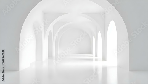 A minimalist, bright, and airy interior with white arched walls and a smooth, reflective floor