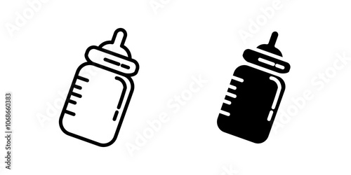 Baby milk bottle icon in black outlined and solid.