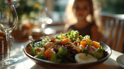 A fresh, organic salad plate in sharp focus on the table, with a blurred young girl in the background.