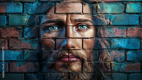 Compassionate Mural of Jesus with Expressive Eyes photo