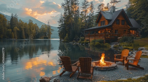 Fototapeta Naklejka Na Ścianę i Meble -  A log cabin by the lake with chairs around it and an outdoor fire pit. a beautiful lake house in the springtime, with a view of the lake, an aesthetic summer cottage.