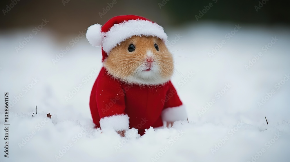 Adorable hamster in a Santa suit sitting in the snow, looking festive and cheerful Adorable hamster in a Santa suit sitting in the snow, looking festive and cheerful