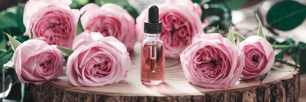 The advertising banner of the dropper bottle filled with rose oil stands on a wooden stand. The bottle is surrounded by fresh roses in full bloom. A photo with a place for the text. The advertising banner of the dropper bottle filled with rose oil stands on a wooden stand. The bottle is surrounded by fresh roses in full bloom. A photo with a place for the text.