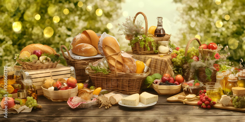 Photo Picnic Baskets Bread Fruit Cheese Wine Rustic Table