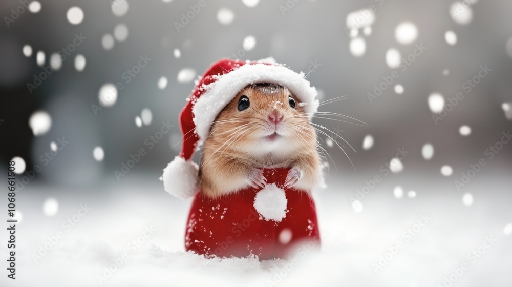 A charming hamster dressed as Santa, surrounded by a blanket of fresh snow, ready for Christmas. A charming hamster dressed as Santa, surrounded by a blanket of fresh snow, ready for Christmas.