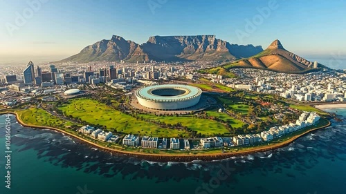 A city with a stadium in the middle and a mountain in the background. The city is full of buildings and the stadium is surrounded by a green field