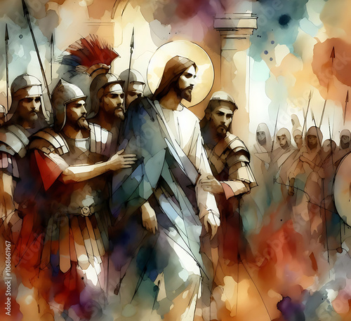 Abstract Bliblical illustration. Watercolour Painting and Illustrattion Jesus was arrested and taken away by Roman soldiers. Judas Iscariot betrayed Jesus Christ	