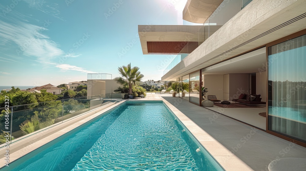 Fototapeta premium Luxury villa with a high angle roof, view of outside with pool.
