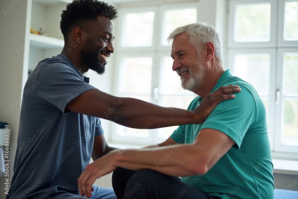 Fototapeta premium Black Doctor helps and advises the patient in the clinic. Concept of physiotherapy and a healthy lifestyle. Generative AI
