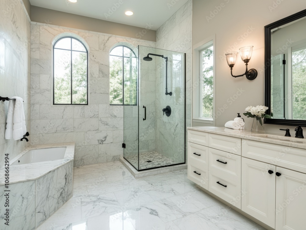 Experience unparalleled luxury in this stunning modern bathroom that features exquisite marble tiles, elegant fixtures, and a spacious layout that is perfect for ultimate relaxation and comfort