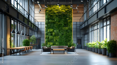 3D Illustration Modern Office Interior Design Green Wall