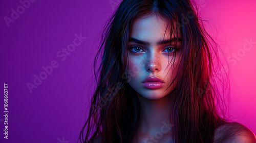 young woman with blue eyes and freckles looks directly at the camera Her hair is dark and slightly wet and her face is illuminated by bright purple and pink neon lights