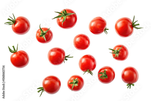 Many fresh tomatoes falling. Delicious salad or cooking ingredients. transparent background