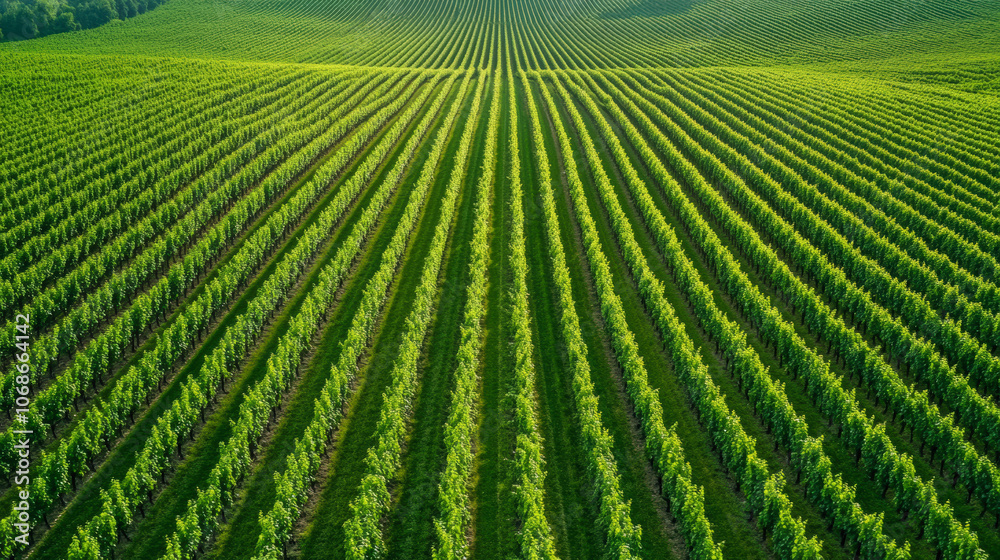 Vast, lush, green vineyard rows stretch towards the horizon under a clear sky, showcasing meticulous agricultural patterns and the beauty of cultivated nature. Vast, lush, green vineyard rows stretch towards the horizon under a clear sky, showcasing meticulous agricultural patterns and the beauty of cultivated nature.