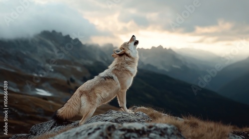 A wolf standing on a rocky hillside howling against a mountainous and cloudy backdrop during twilight. photo